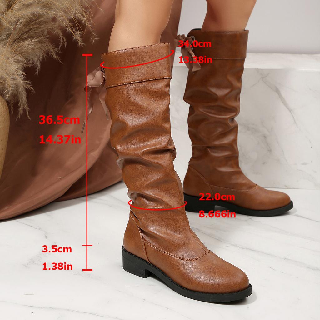 Winter Vintage Pleated Stack Boots 2025 New Size Round Toe Back Lace-Up Knight Boots Women