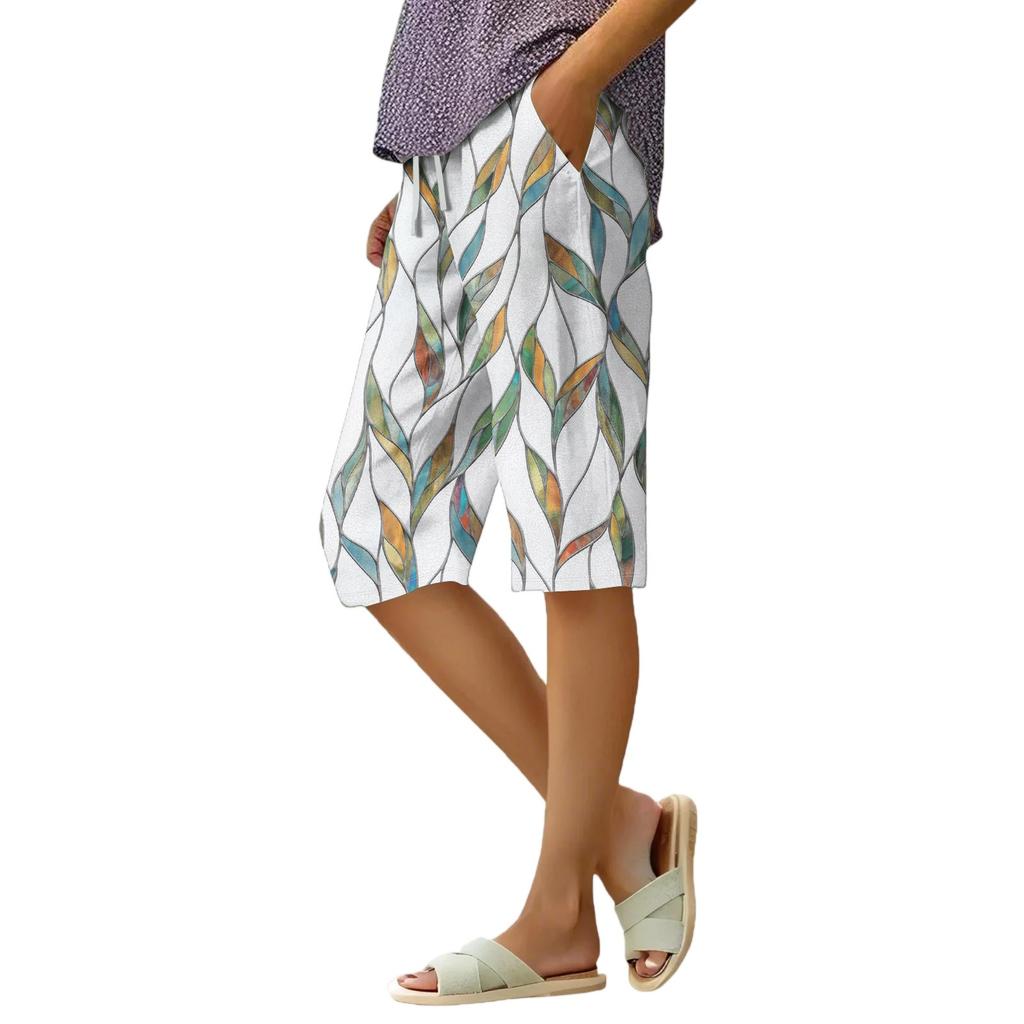 Women's Summer Elasticated Tie Waist Floral Cotton & Linen Loose Shorts