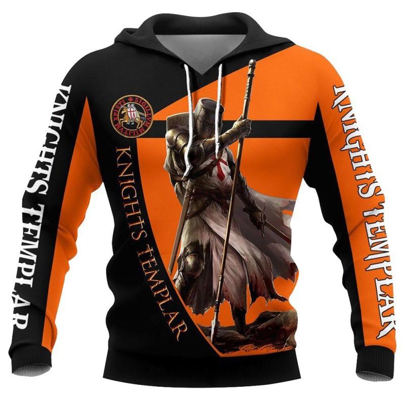 Mens Hooded Sweatshirt With 3D Digital Knight Print Loose Fit Hip Hop Style Fall