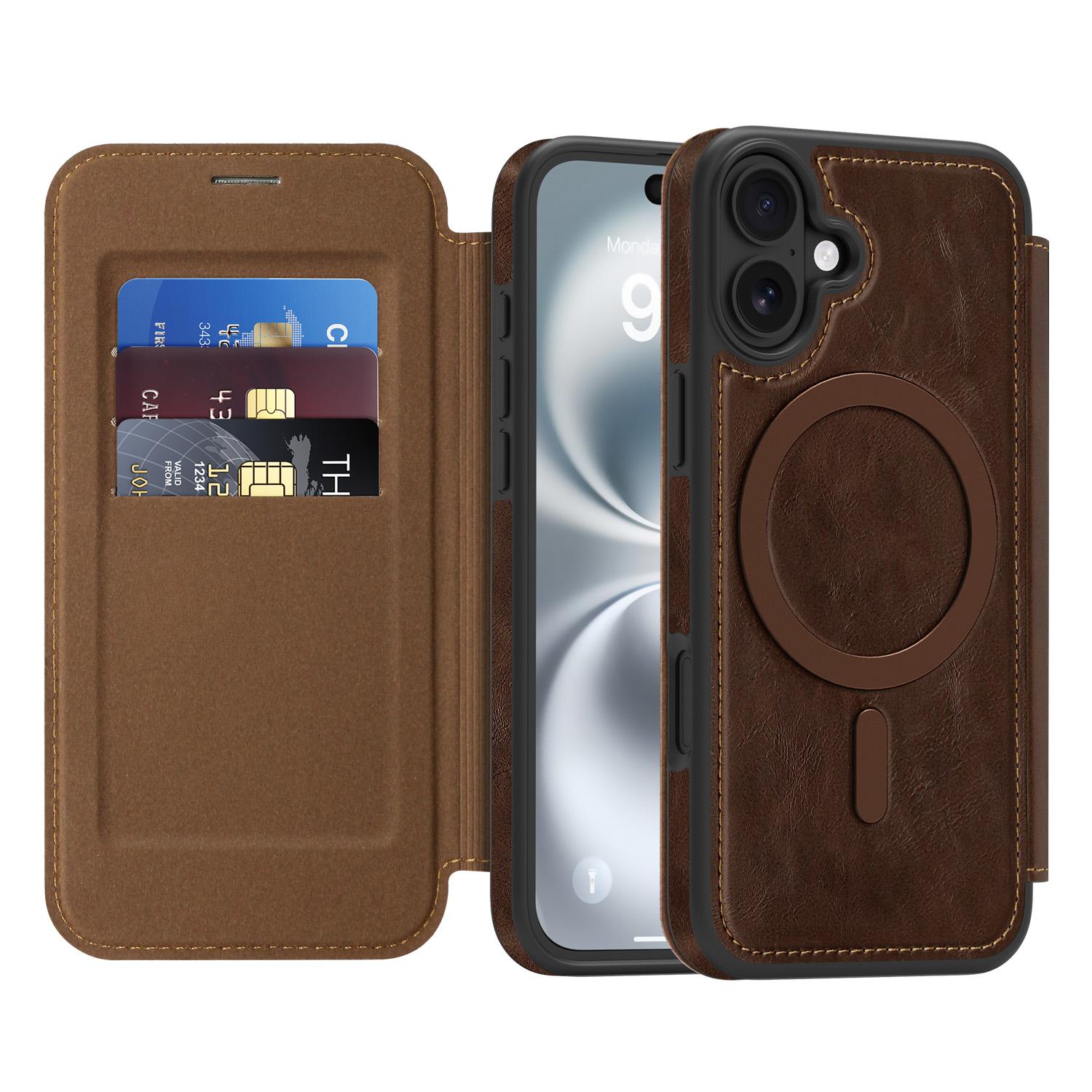 

For iPhone 16 Case Compatible with MagSafe RFID Blocking Card Holder Leather Phone Cover Black