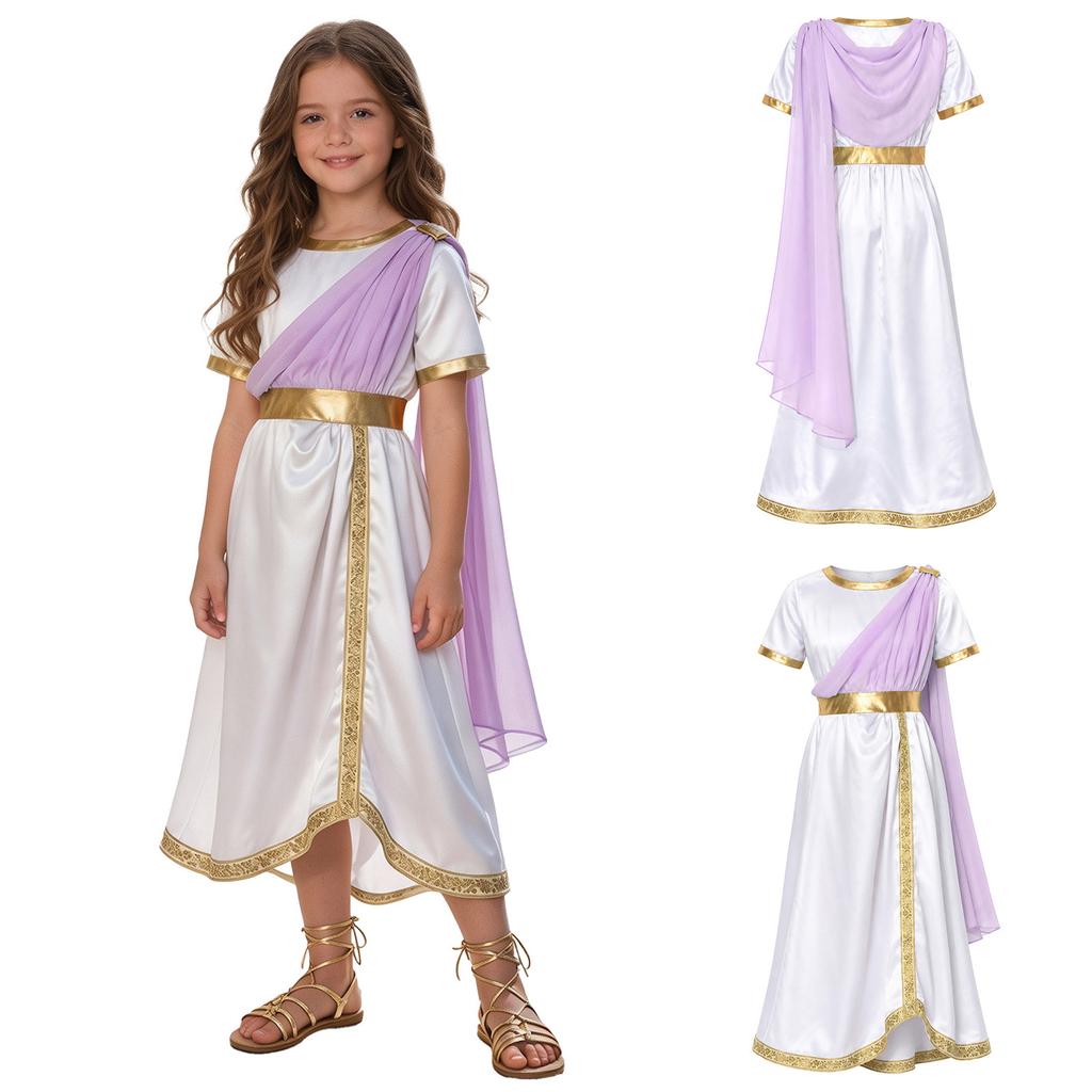 Kids Girls Ancient Greek Toga Costume Draped Shawl Satin Robe Short Sleeve Metallic Waist Embroidered Trim for Halloween Cosplay