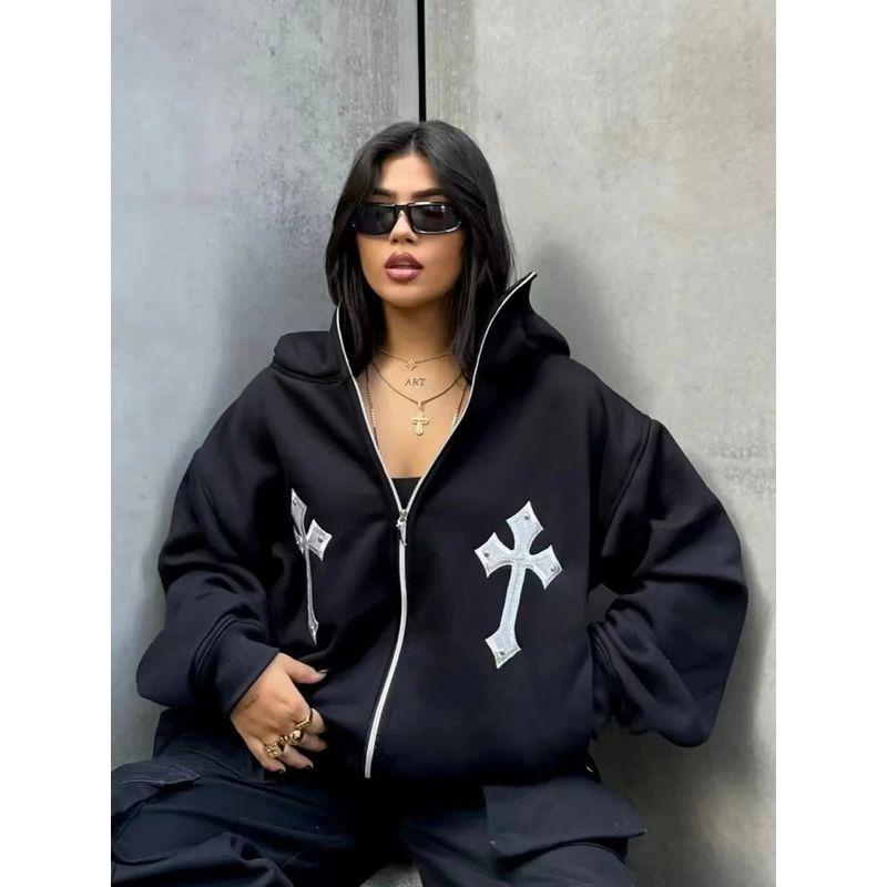 Fashion Wind Cross Print Sweatshirt Loose Sports Hoodie Printed Zipper Hooded Top