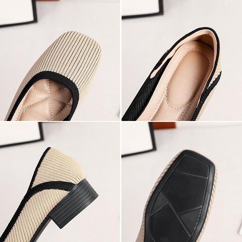 Women's Slip-On Square Toe Knit Heels Comfortable Block Heeled Loafers Elegant Chunky Low Heel Pumps Casual Office Work Wedding Dress Shoes for Women