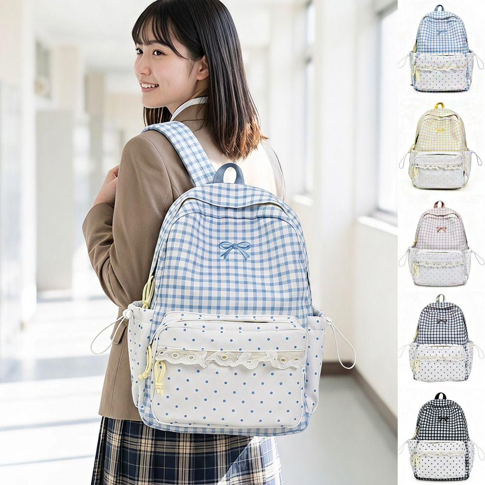 Sweet Polka Dot Backpack Plaid Student School Bag Fashion Lace Trim Rucksack Outdoor Use