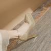 Skinny Pointed Thick Heel Mary Jane High Heels Women's Waterproof Table Satin One-word Button Rice Silver Wedding Shoes Single Shoes