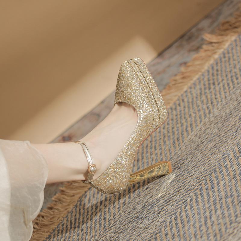 Skinny Pointed Thick Heel Mary Jane High Heels Women's Waterproof Table Satin One-word Button Rice Silver Wedding Shoes Single Shoes