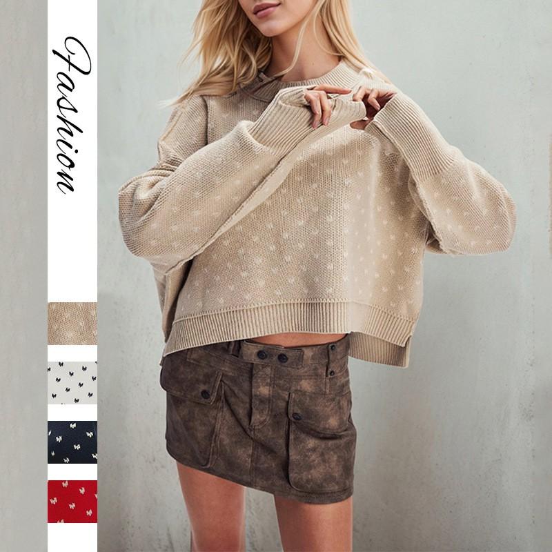 Womens Oversized Cropped Knit Sweater With Heart Motif Round Neck Long Sleeve Loose Fit Winter 2026