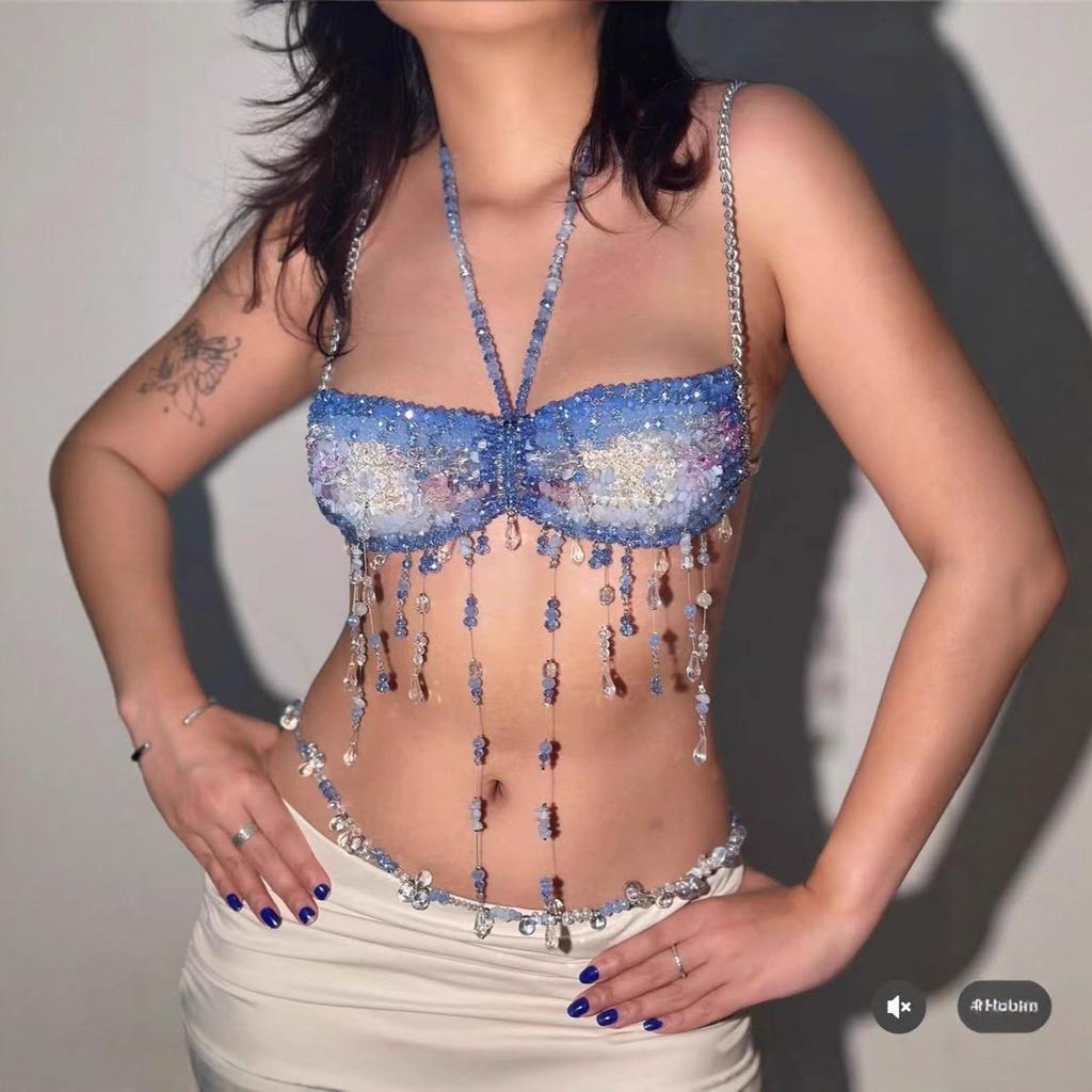 Women Blue Beaded Sequin Halter Tassel Body Chain Crop Top