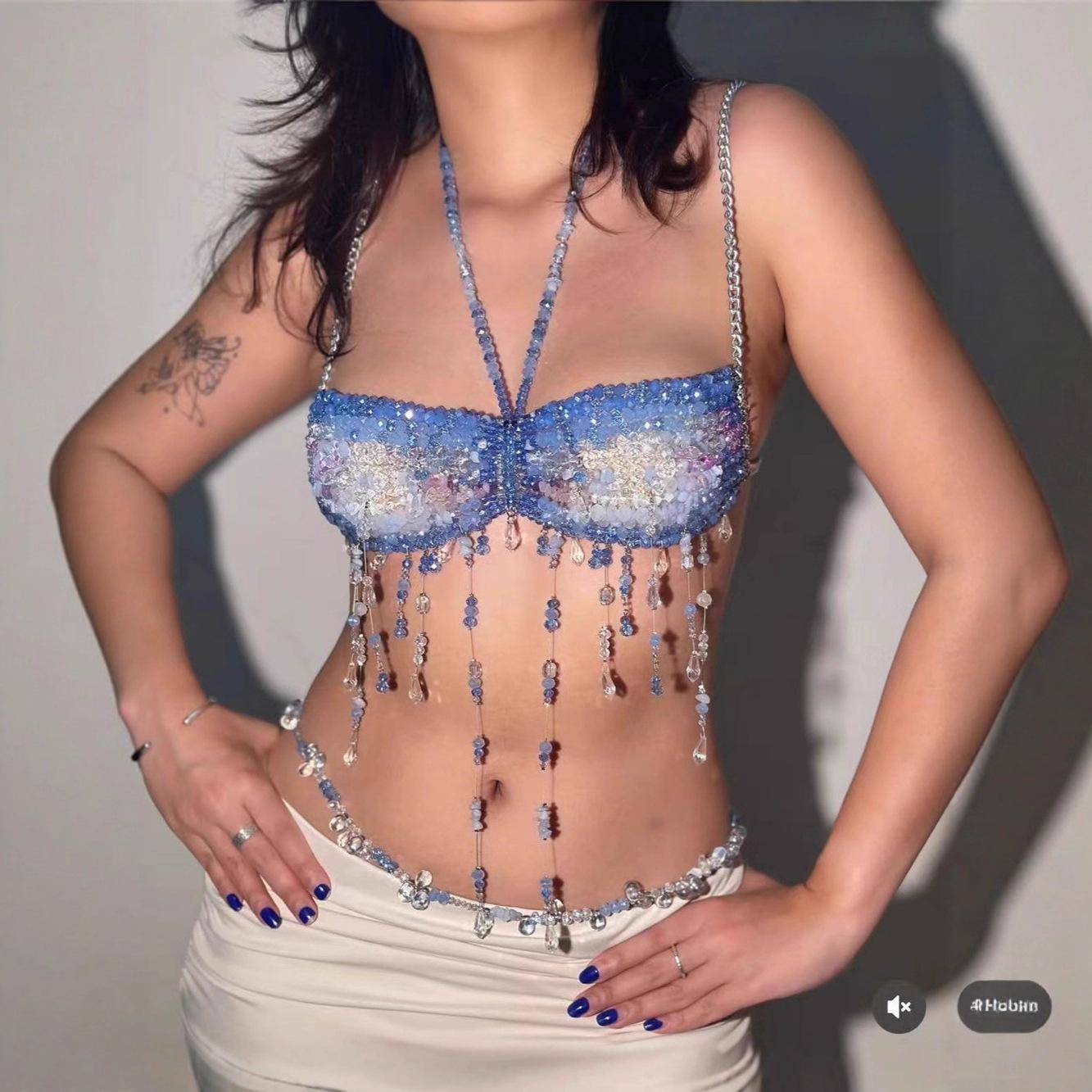 Women Blue Beaded Sequin Halter Tassel Body Chain Crop Top OneSize синий