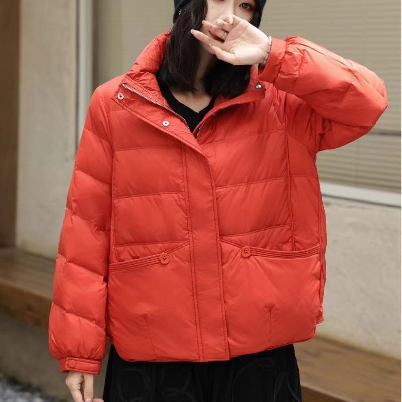 Down jacket women's loose stand-up collar fashionable versatile short literary and retro winter white duck down warm jacket