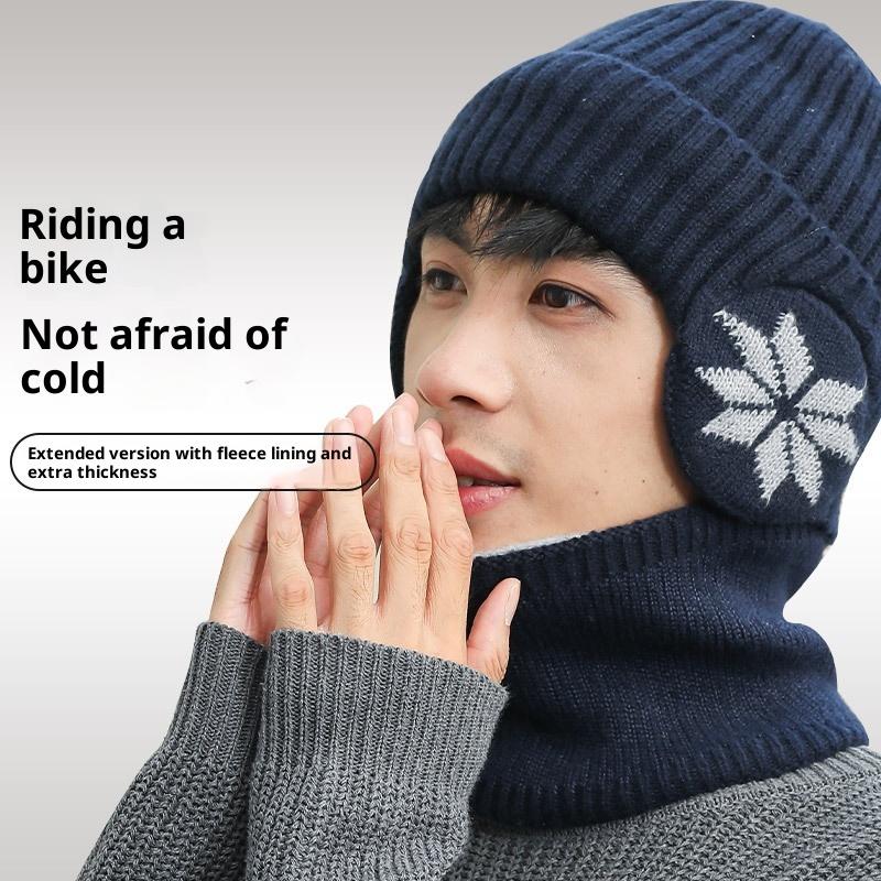 Unisex Warm Fleece Lined Knitted Hat Set for Men Winter Cycling Windproof Cold Proof Large Brim Woolen Overhead Accessory
