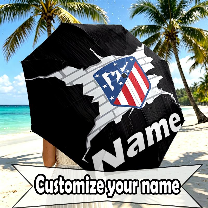 Custom Name Personalized Atletico Madrid Print Umbrella, Auto Open Close, 8‑Rib Sturdy Frame, Commute Camping Hiking Use, Birthday Gift