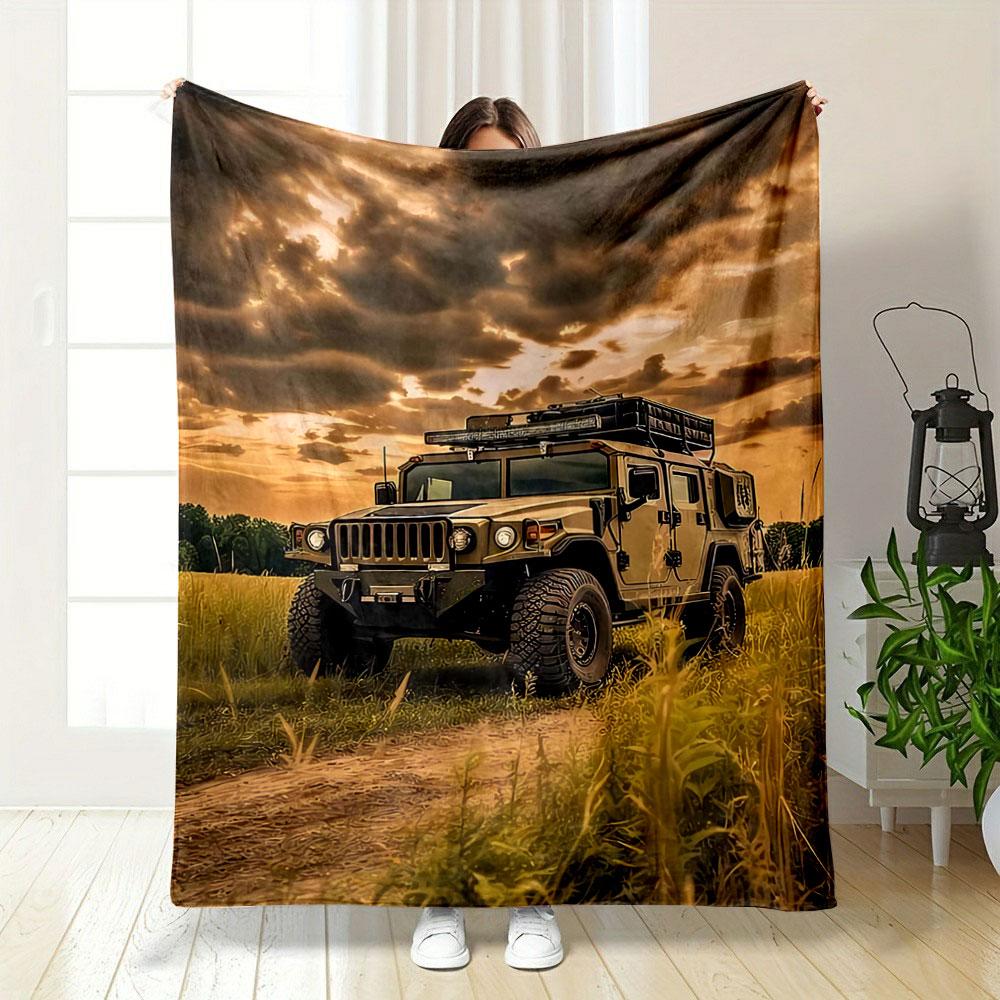 An off-road vehicle on a dirt path under a dramatic cloudy sunset. for all seasons blanket lunch break throw gift
