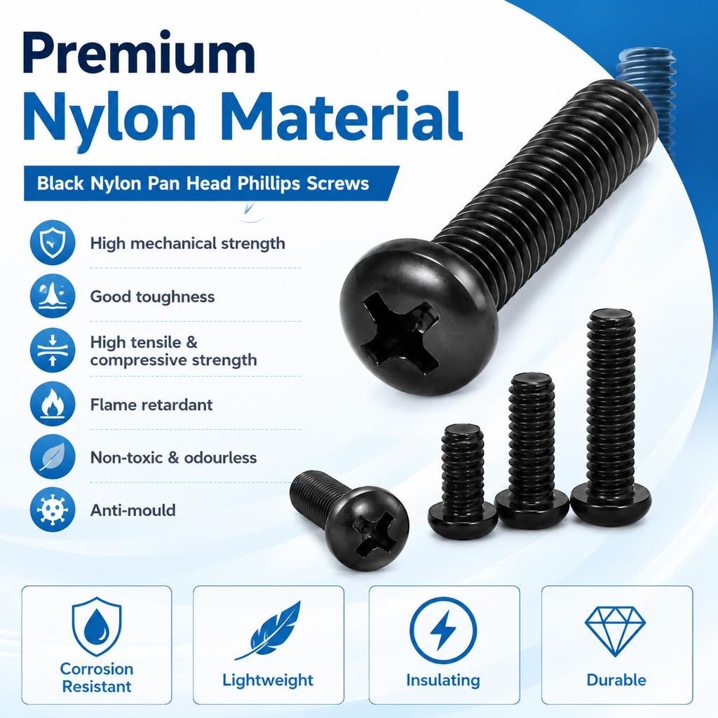 25Pcs M2-M8 Black Nylon Phillips Pan Head Machine Screws, Plastic Threaded Fasteners for Electronics & Industrial Use