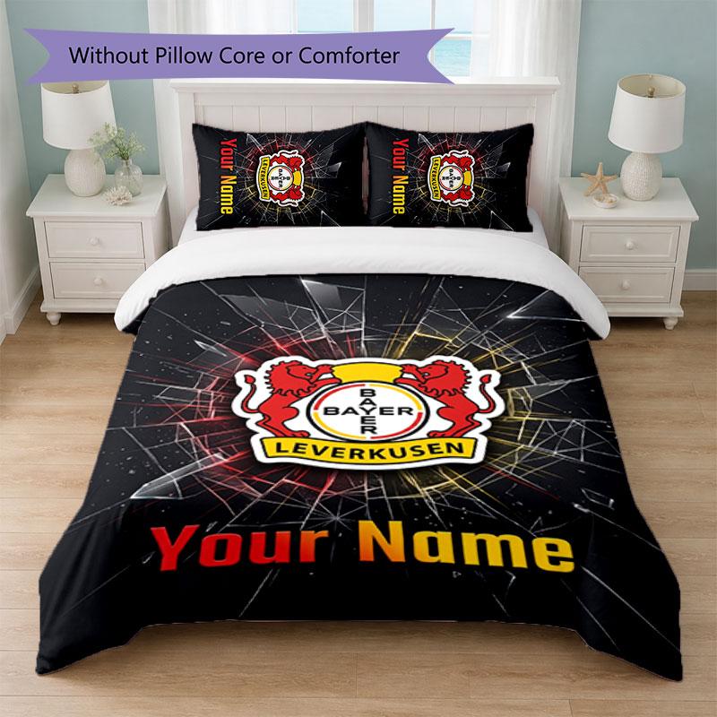 Set Biancheria da Letto Personalizzato Bayer Leverkusen Calcio Testo Nome Personalizzato 1 Copripiumino + 2 Federe Logo Calcio Regalo Personalizzato per Occasioni Speciali Decorazione Camera da Letto