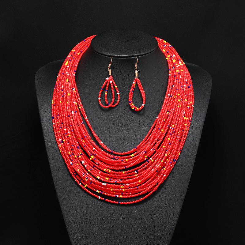 Bohemian multi-layer rice beads short necklace earrings retro exaggerated personality women's sweater chain accessories