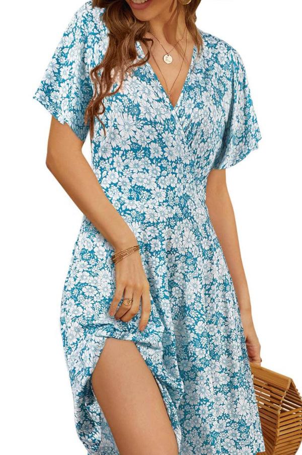 Summer Floral Short Sleeve Wrap V-Neck A Line Midi Dress