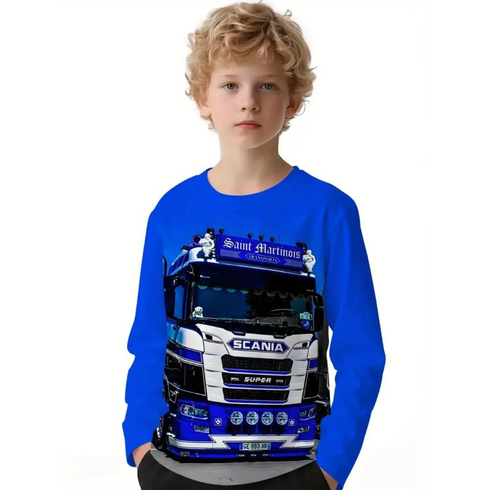 Vår och Höst Rundhals Retro Bilmönster 3D-tryckt Topp Moderiktiga Casual Långärmade Barn Pojk T-shirts