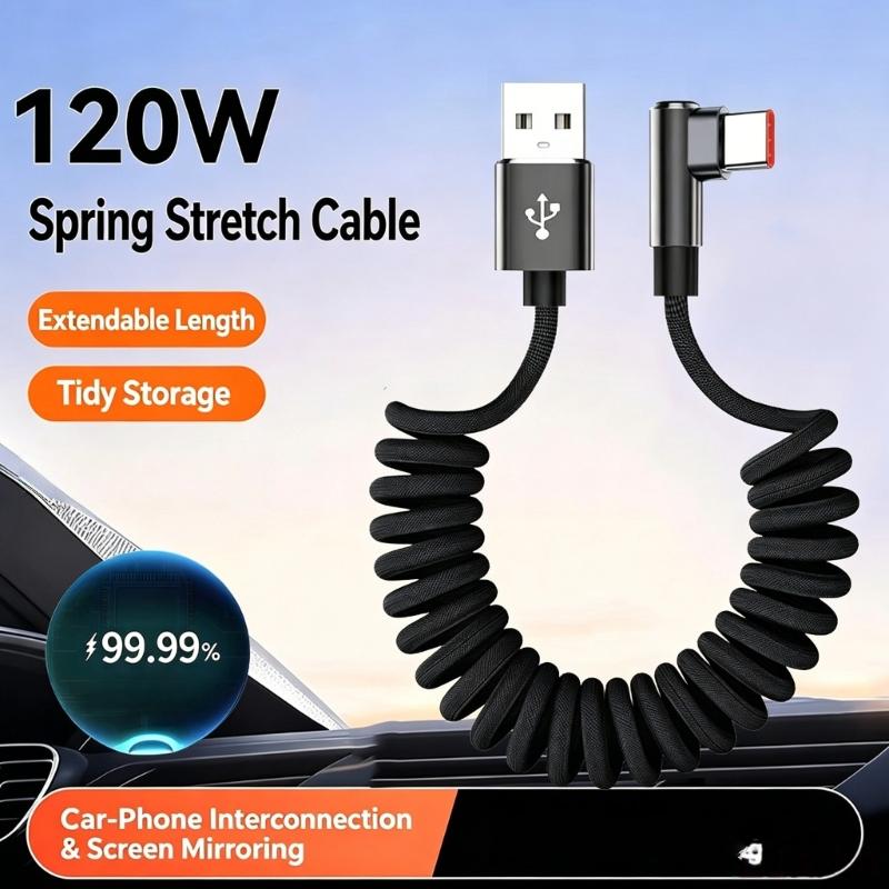 90 Degree Spring Type C Fast Charging Cable 120W 6A Extension Spring Data Cord For Phones Tablets