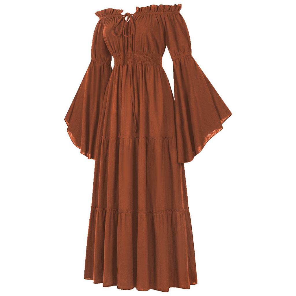 Women's Off-Shoulder Dress Bell Color Long Sleeve Elastic Tiered Flowy Long Dresses Costume