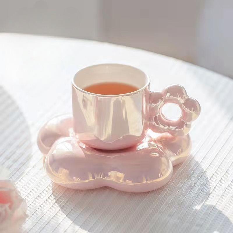 Pearl Shell Design Ceramics Mug with Pillow Tray,Afternoon Coffee Mug Tea Mug Premium and Exquisite Household Mugs and Plate Set