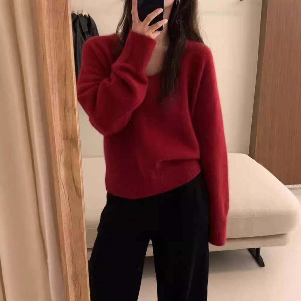 V-neck Knitted Sweater for Women Thick Autumn and Winter Loose and Fashionable Sweater Casual Long-sleeved Pullover