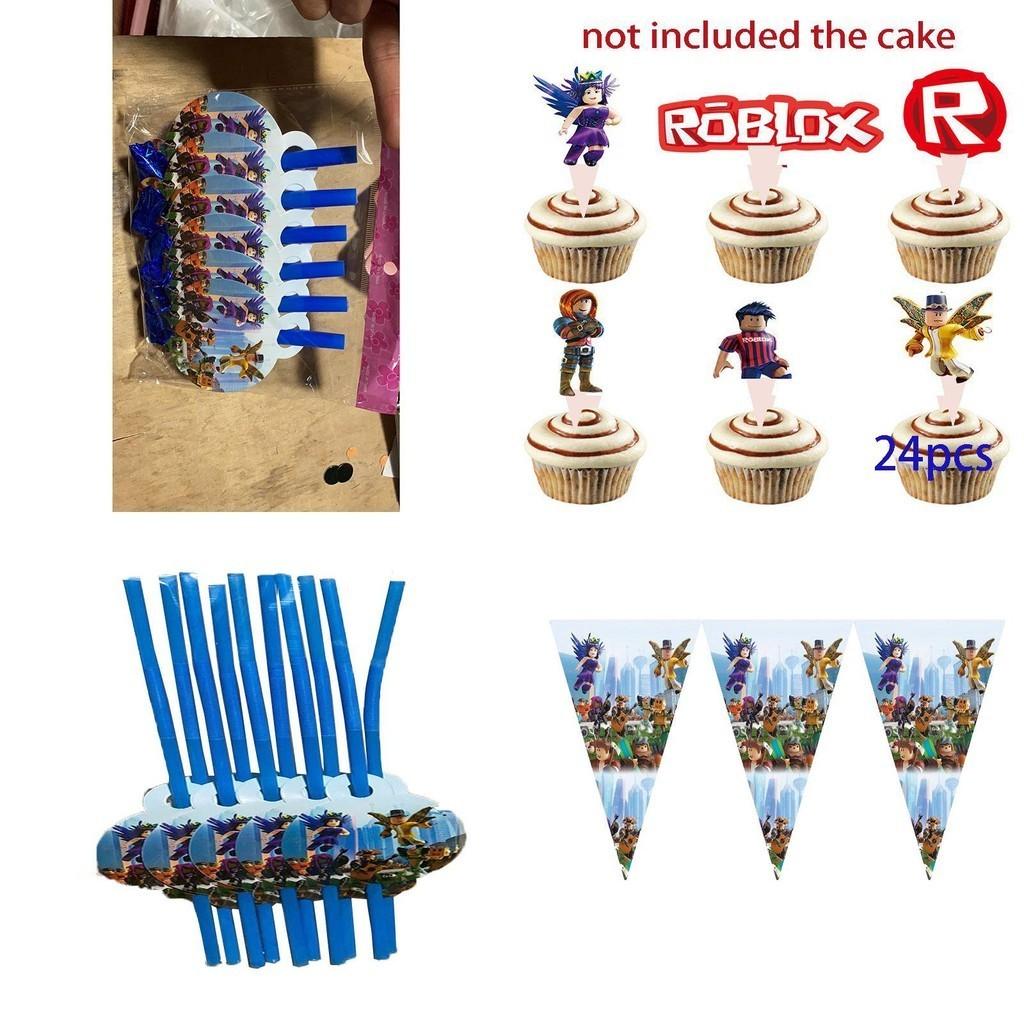 Živé party potřeby s tématem Roblox pro dětské narozeninové oslavy s bannery a ozdobami na dort