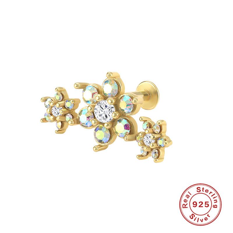 S925 Sterling Silver Five-Petaled Flower Flat Head Internal Thread Puncture Cartilage Stud Earrings, Earrings, Ab Colored Diamond Earrings