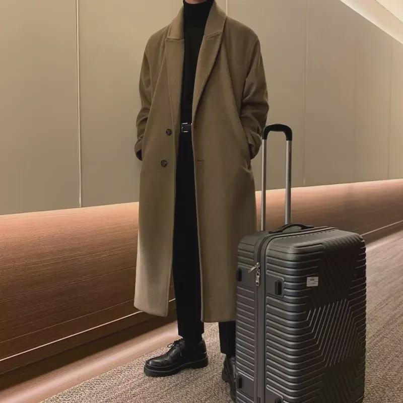 Ανδρικό Μάλλινο Παλτό Μήκους Μέσης - Άνοιξη/Φθινόπωρο Κορεατικό Στυλ, Φαρδιά Καμπαρντίνα πάνω από το Γόνατο