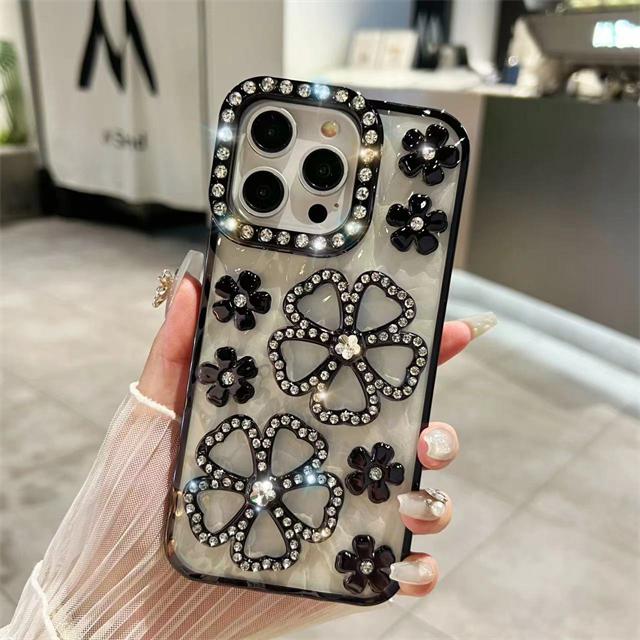 For iPhone 15 Pro Max Luxury Flowers Flash Diamond Plating Frame Phone Case For iPhone 11 12 13 14 16 Plus Soft Rhinestone Cover