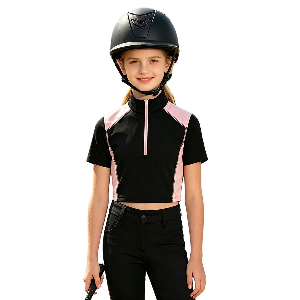 Kids Girls Color-block Equestrian Shirt Zip-up Stand Collar Short Sleeve Athletic Tops for Horse Riding Running Golf Tennis Practice
