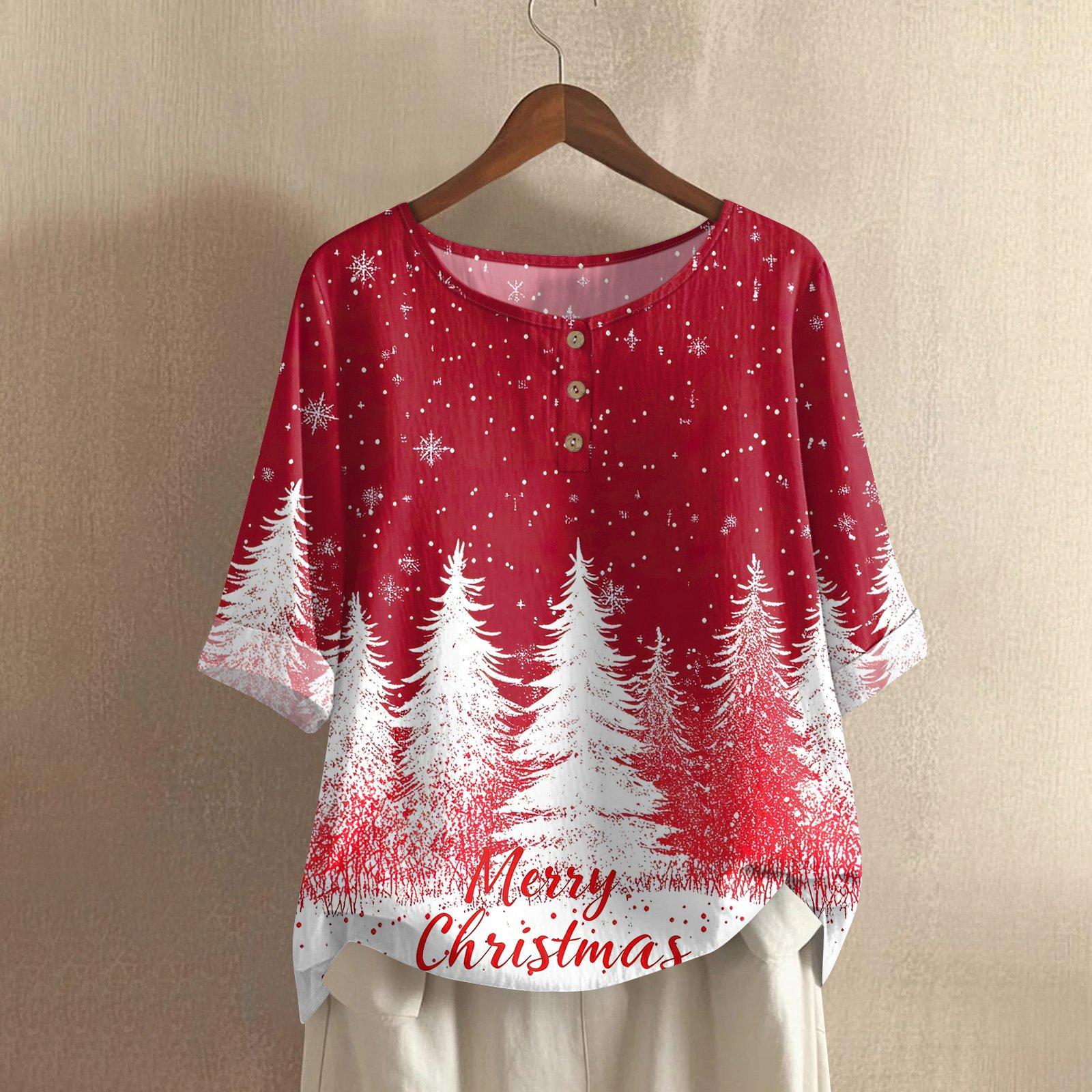 

Женская модная и повседневная рубашка с полурукавом и круглым вырезом, с рождественским принтом, блузка из хлопка и льна L белый