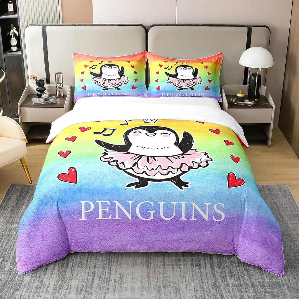 Cute Penguin And Love Heart Duvet Cover Set For Kids Teens Lightweight Quilt Cover With 2 Pillowcase Cartoon Penguin Bedding Set