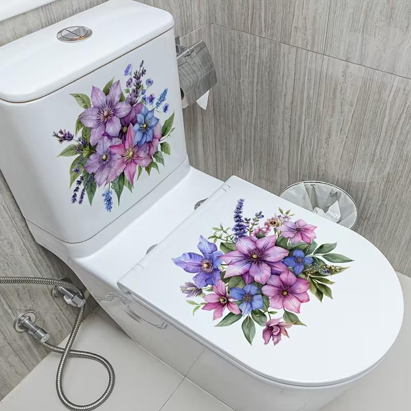 Floral Toilet Lid Sticker Waterproof DIY Friendly Peel and Stick Decal for Bathroom Wall Restroom Home Decoration