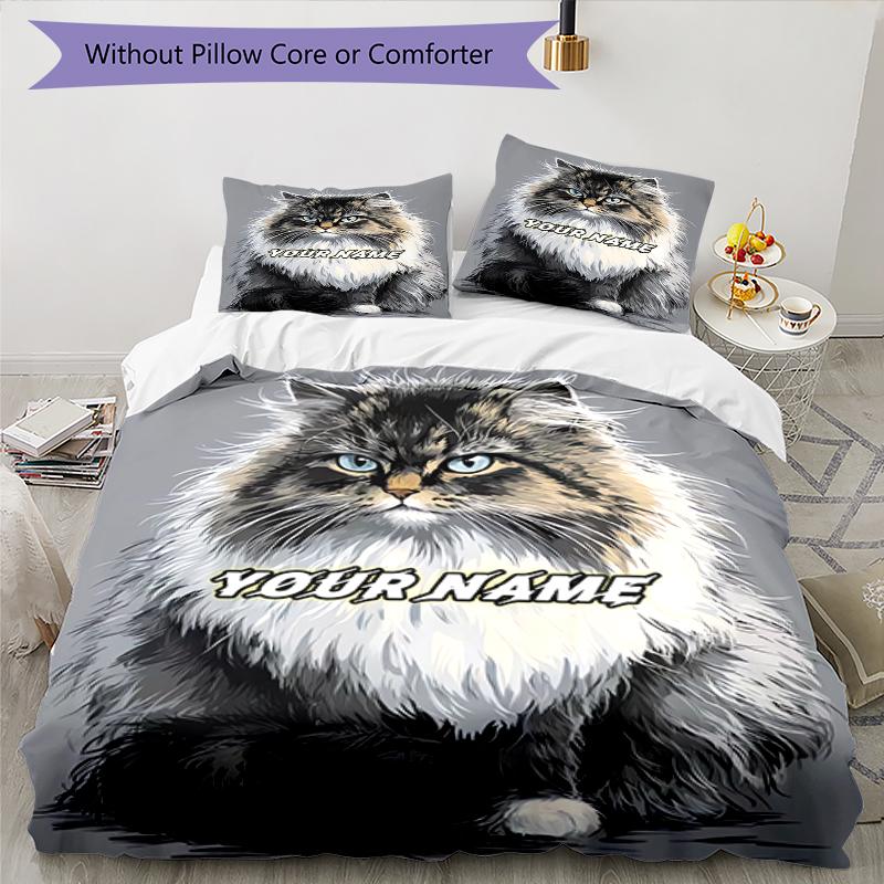 3PC Custom Name Proud Cat Portrait Bedding Set Duvet Cover Closure Includes 1 Duvet Cover & 2 Pillowcases for Bedroom