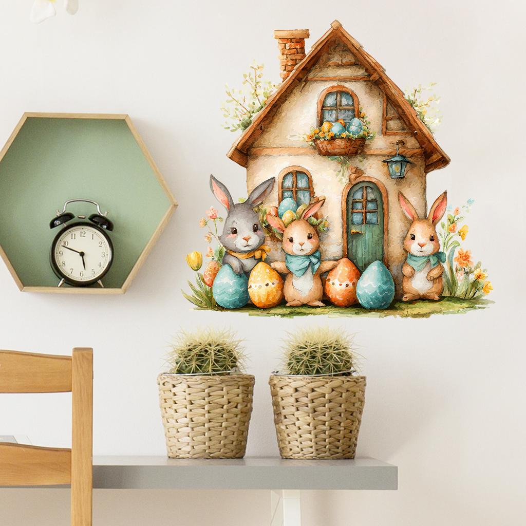 Cute Easter Bunny with Cartoon House Wall Sticker Self-Adhesive Removable for Living Room Entryway Bedroom Home Decor
