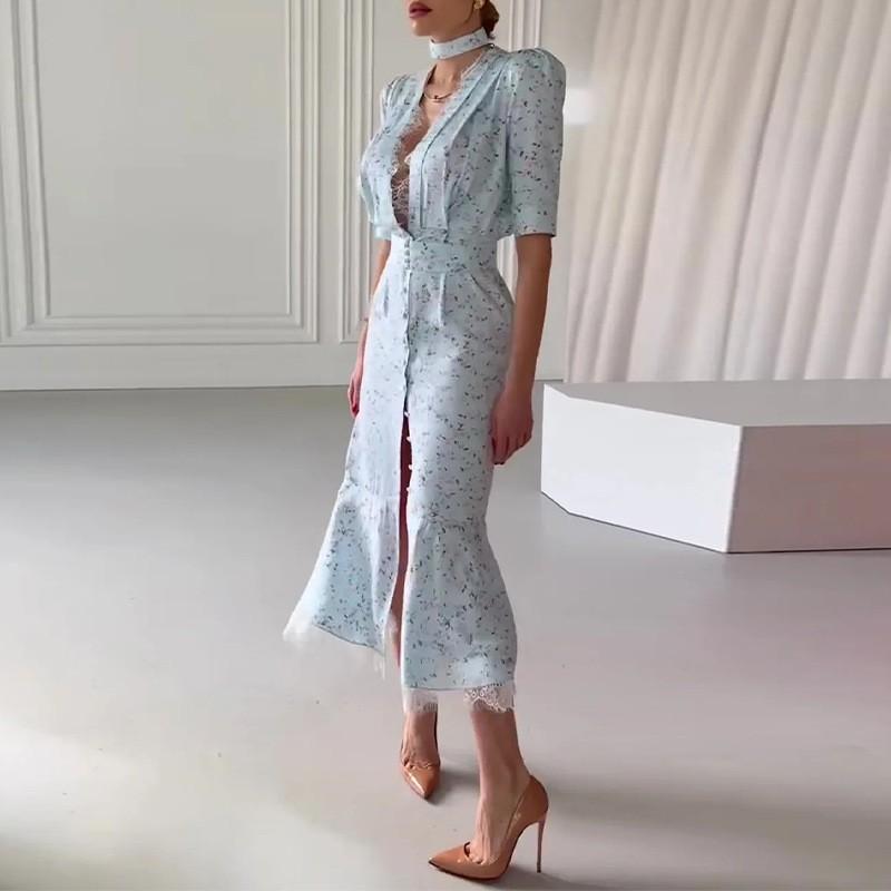 2026 Womens V-Neck Floral Print Lace Trim A-Line Midi Dress Slim Fit High-Waisted Elegant Office Casual