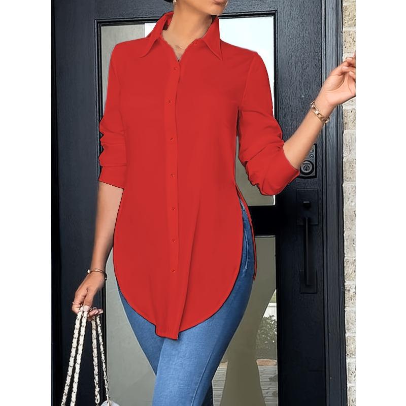 Women'S Slim Fit Long Sleeve Button-Up Shirt with Side Slit  Stylish Tailoring Durable Construction, Stylish Blouse, Fashion Lovers