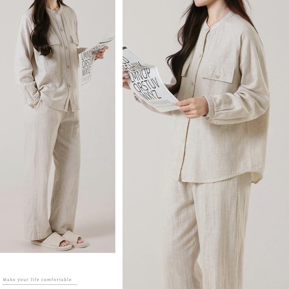 Yes Family Double Gauze Pajama Long Front Size Beige Women's Set, 100% Cotton, Sleeves, Opening, Loungewear, L,