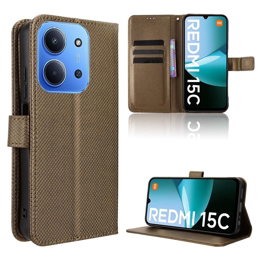 For Xiaomi Redmi 15C 4G (171mm) Leather Wallet Case with Strap Diamond Texture Phone Cover