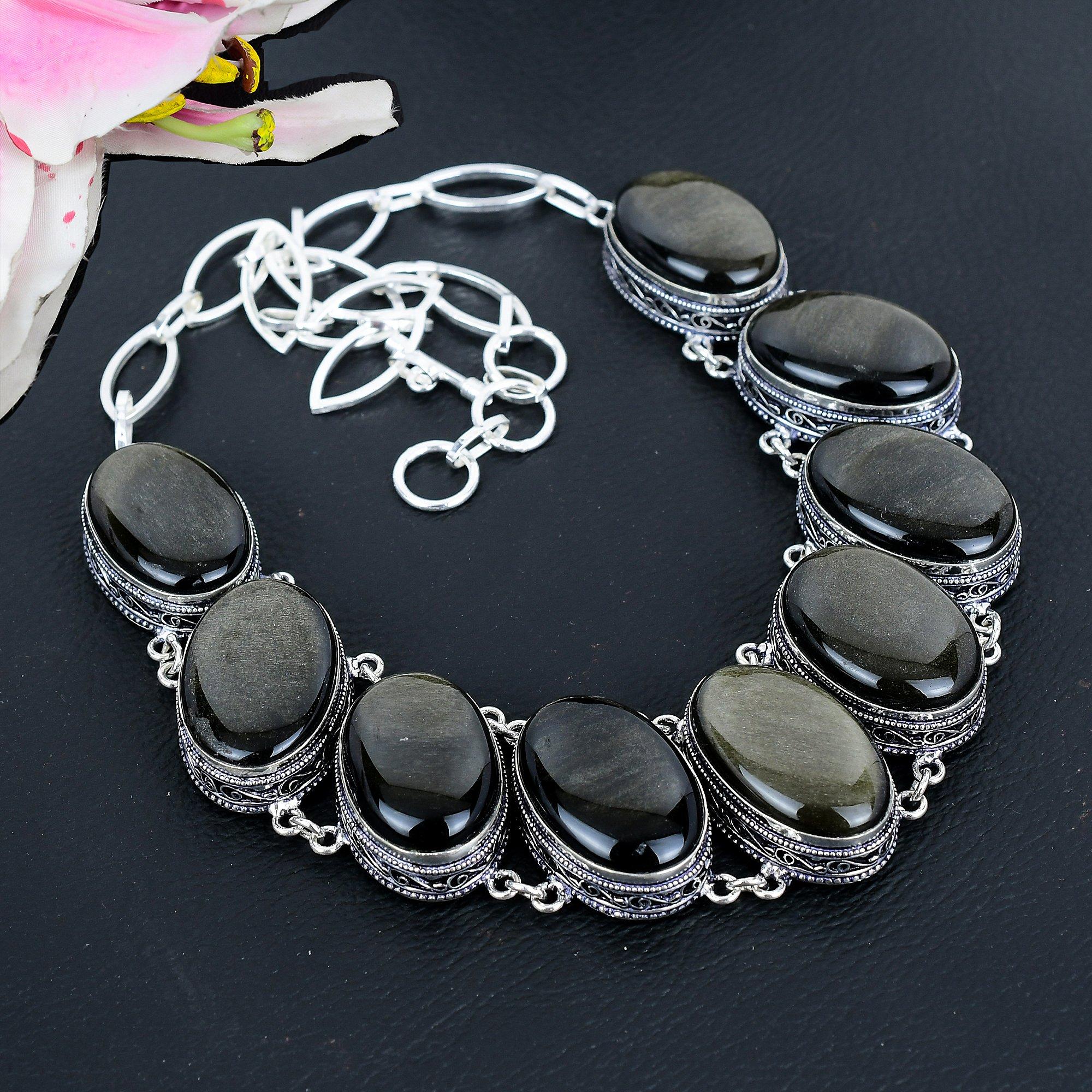 

Silver Sheen Obsidian Gemstone 925 Sterling Silver Jewelry Necklace 18 KG-1655