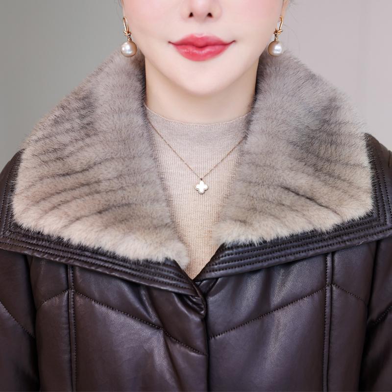 Middle Age Woman Winter Long Faux Sheepskin Coats Fur Collar Elegant Thick Warm Winter Parkas Female Leather Jacket