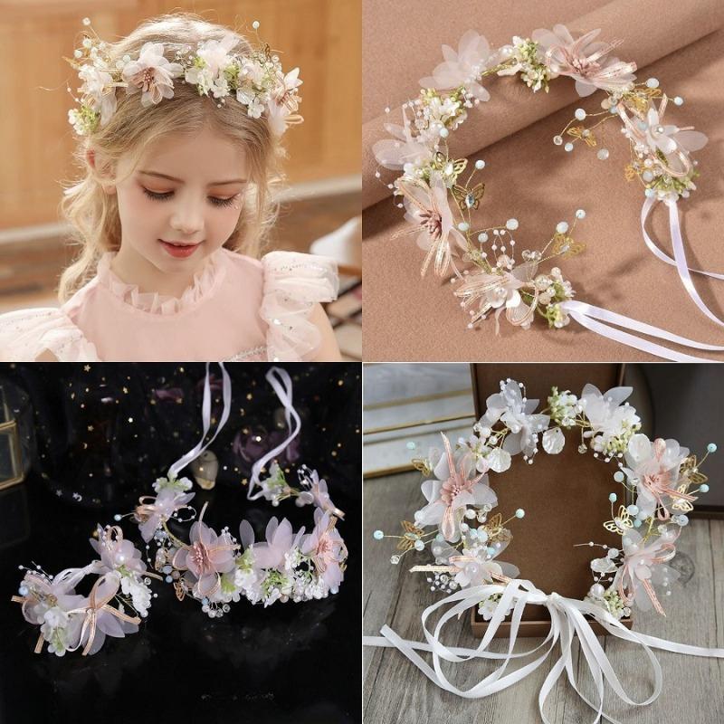 Kids Princess Hair Crown Floral Headband Aesthetic Cute Faux Pearl Flower Photography Headwear for Baby Toddler Flower Girl