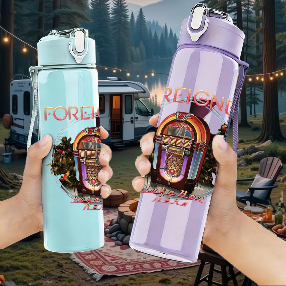1PC Foreigner vintage building print 750ml colorful plastic sports water bottle leakproof pop up lid with straw for outdoor work home use