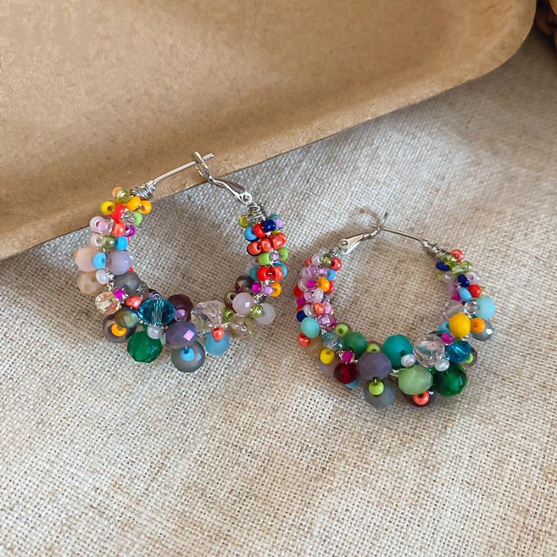 Bohemian style colored crystal beaded stud earrings Mori vacation style exaggerated earrings earrings ethnic style earrings women