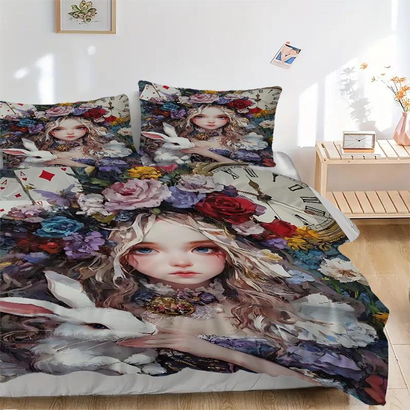 3pcs Alice In Wonderland Bedding Set, Includes Quilt Cover and Pillowcases, Suitable for All Seasons