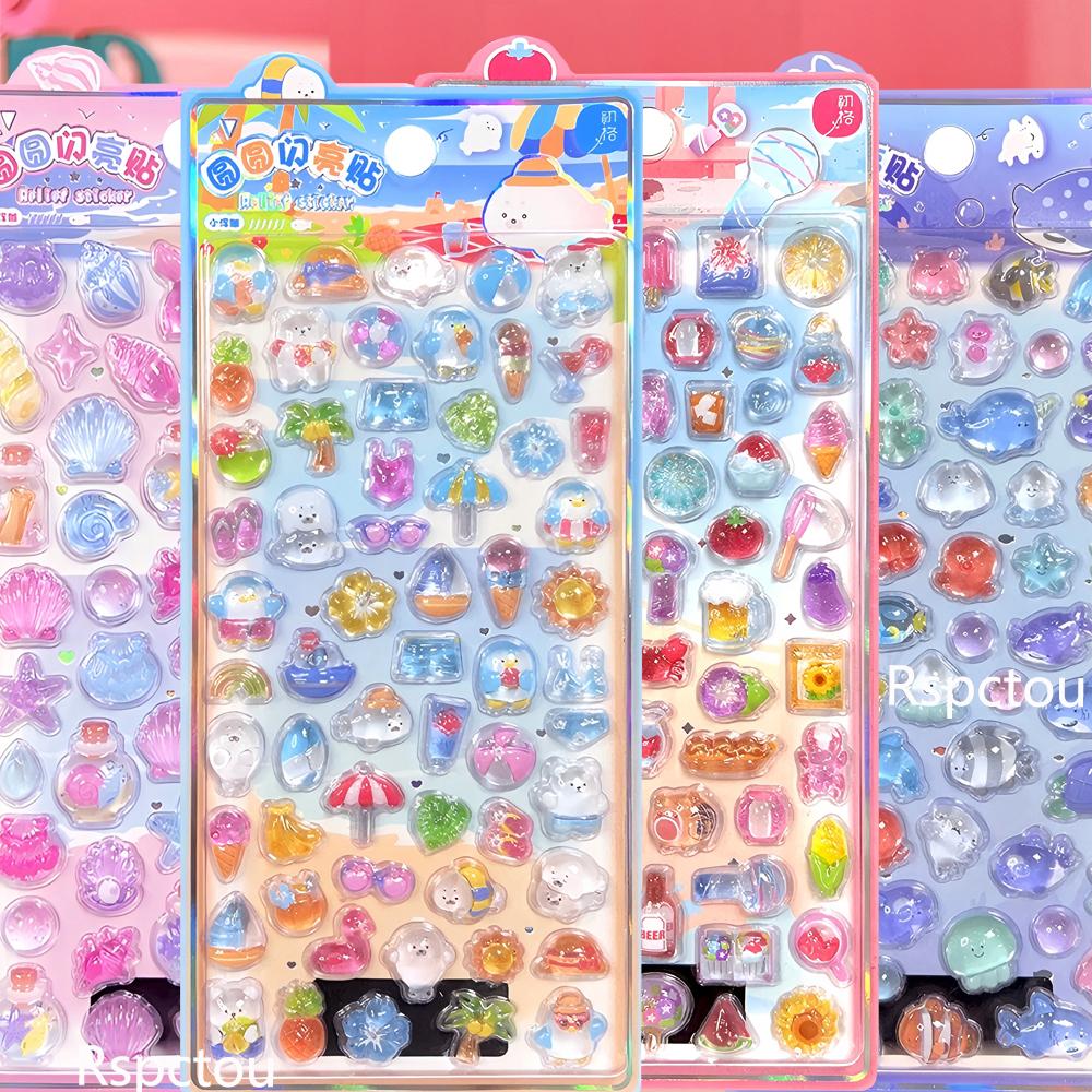 Kawaii Aesthetic Cartoon 3D Relief Stickers Cute Animal Food Crystal Bubble Decals Toys Cute Decoration Sticker Toys Gifts