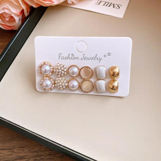 12-Piece Vintage Silver Needle Faux Pearl Geometric Stud Earrings Set - Stylish, High-End Jewelry for Women