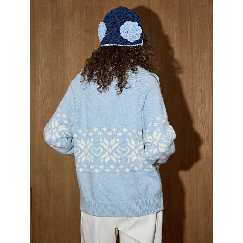 Coolhut Blue Heart Chunky Knit Fair Isle Style Cardigan Winter New Thick Sweater Coat for Women