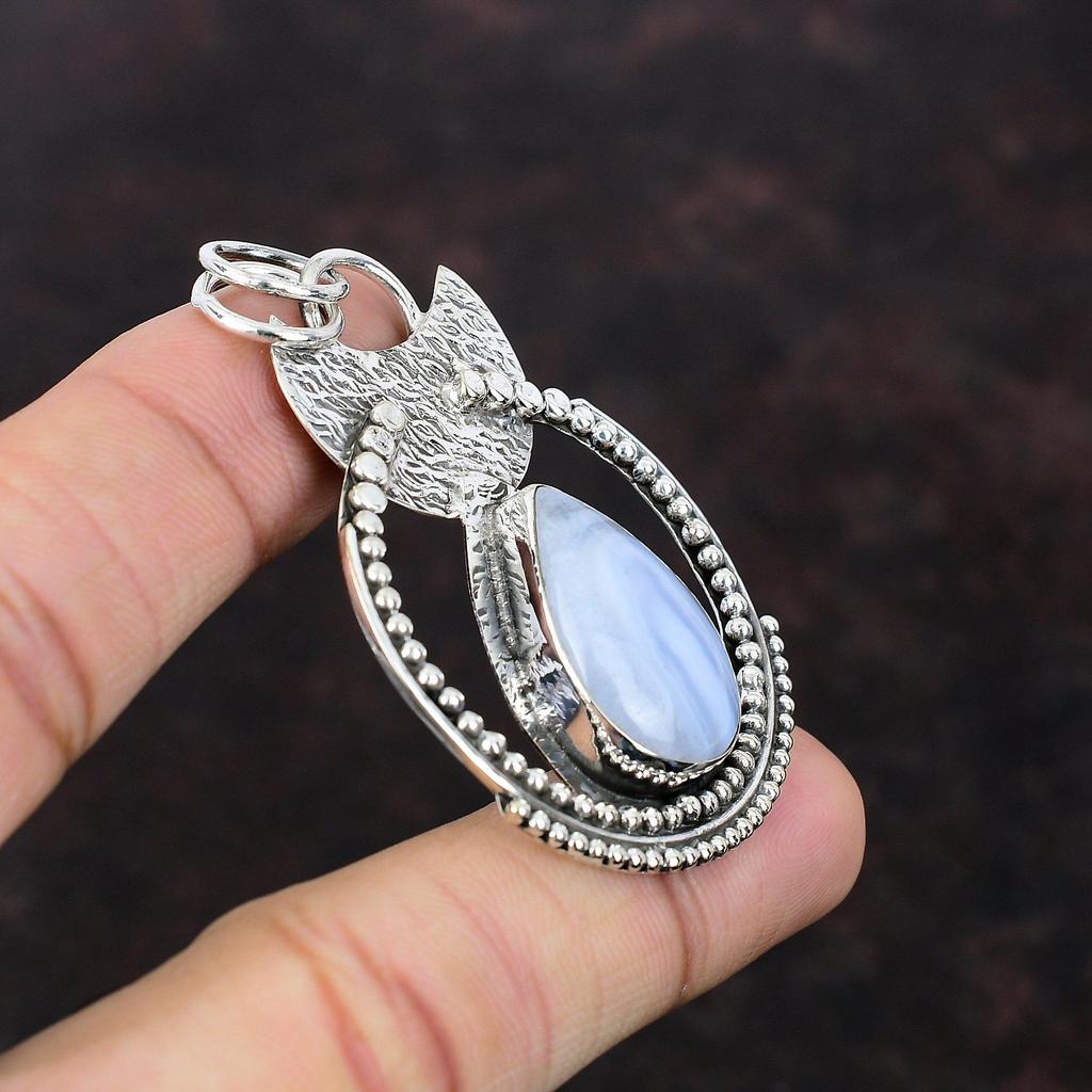 Blue Lace Agate Pendant 925 Sterling Silver Pendant Handmade Brand New Jewelry Dainty Gemstone Pendant Healing Stone Jewelry Gift For Mother